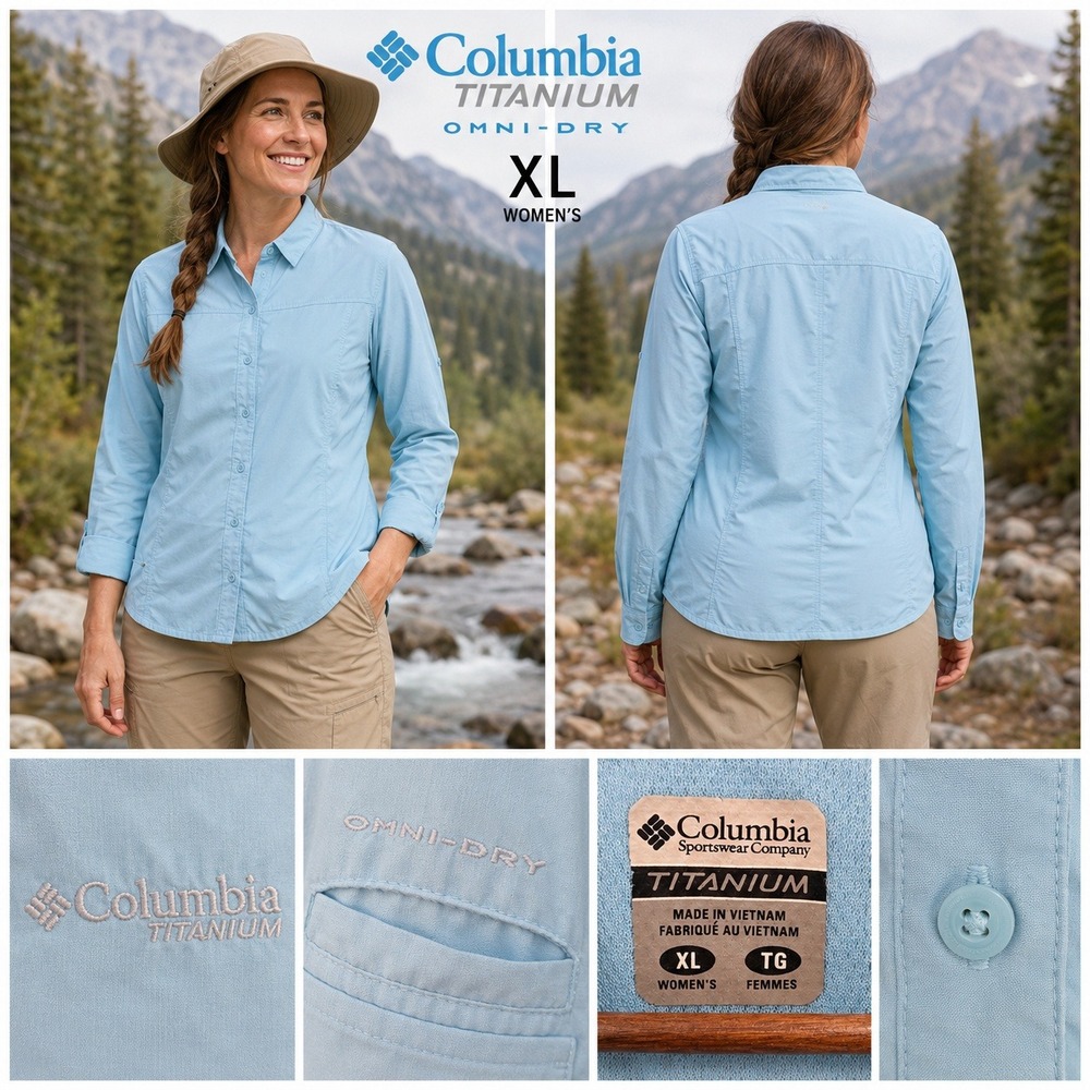 Columbia Titanium Omni-Dry Hiking Shirt Womens XL Blue Long Sleeve Button Up GRT